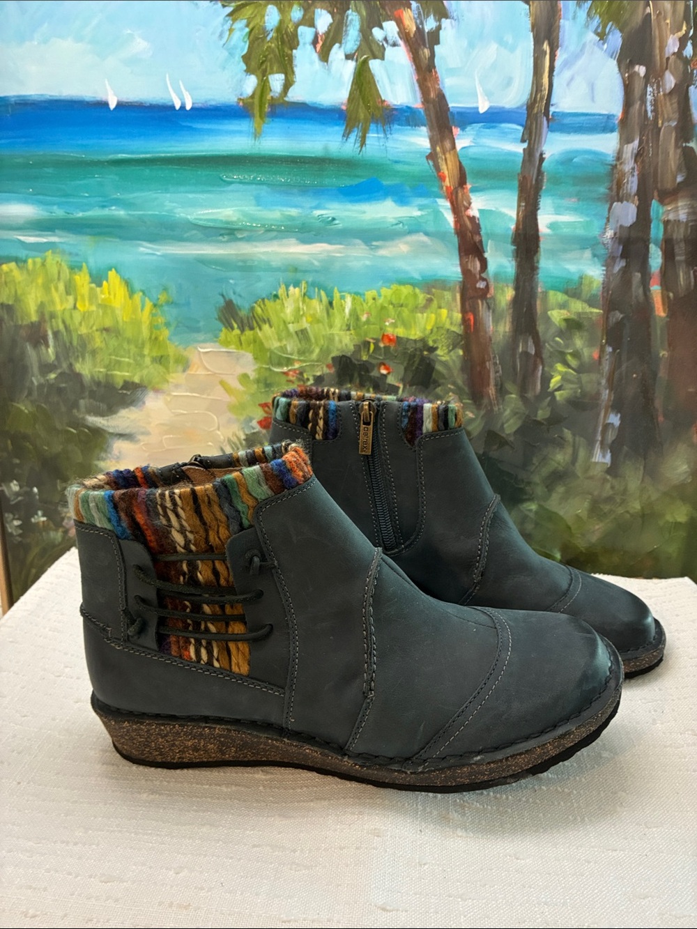 Aetrex Women's Teal Ankle Boots with Multicolor Knit Collar